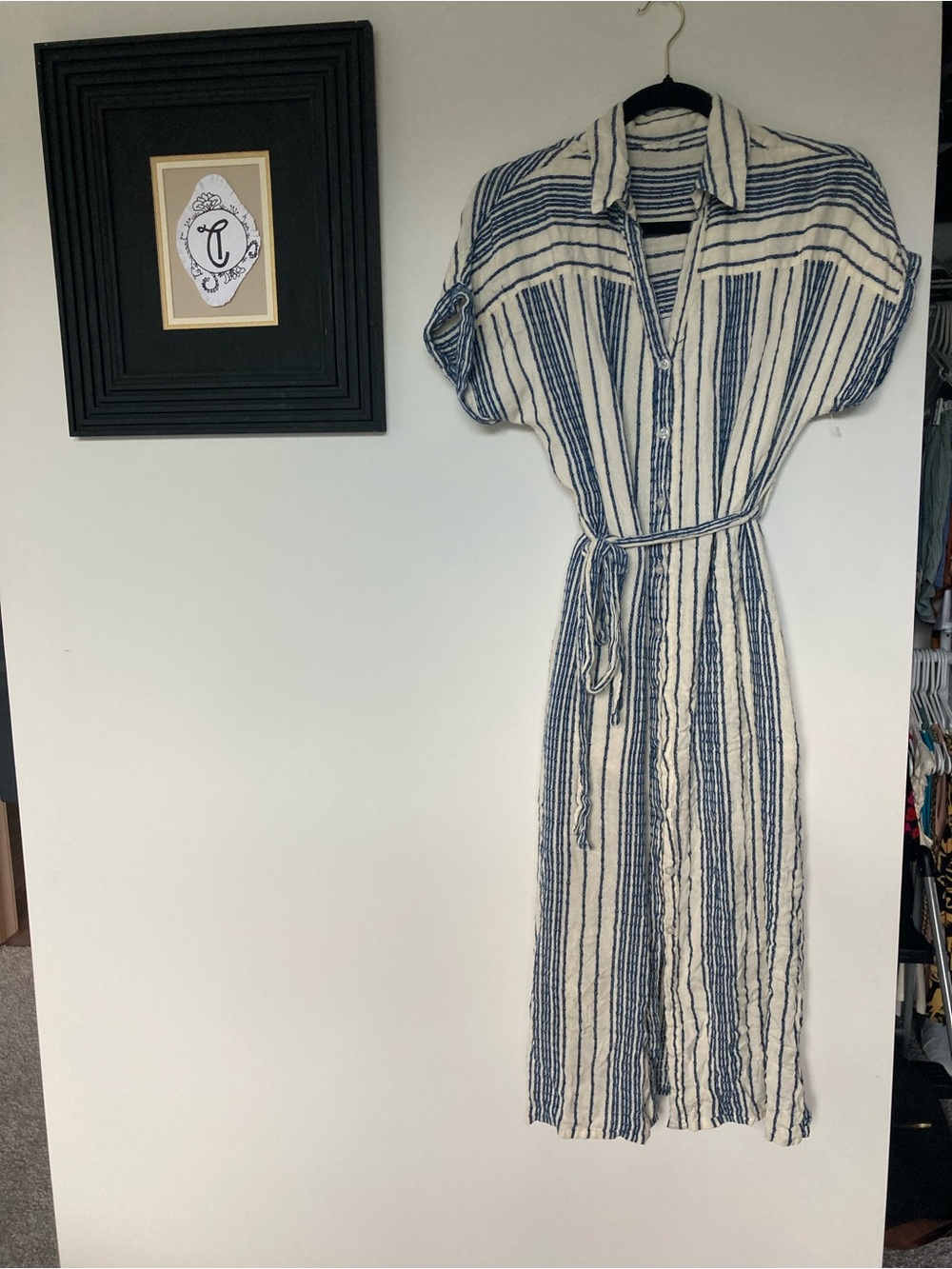 Striped Blue and cream Belted button up collared Shirt Dress with slits